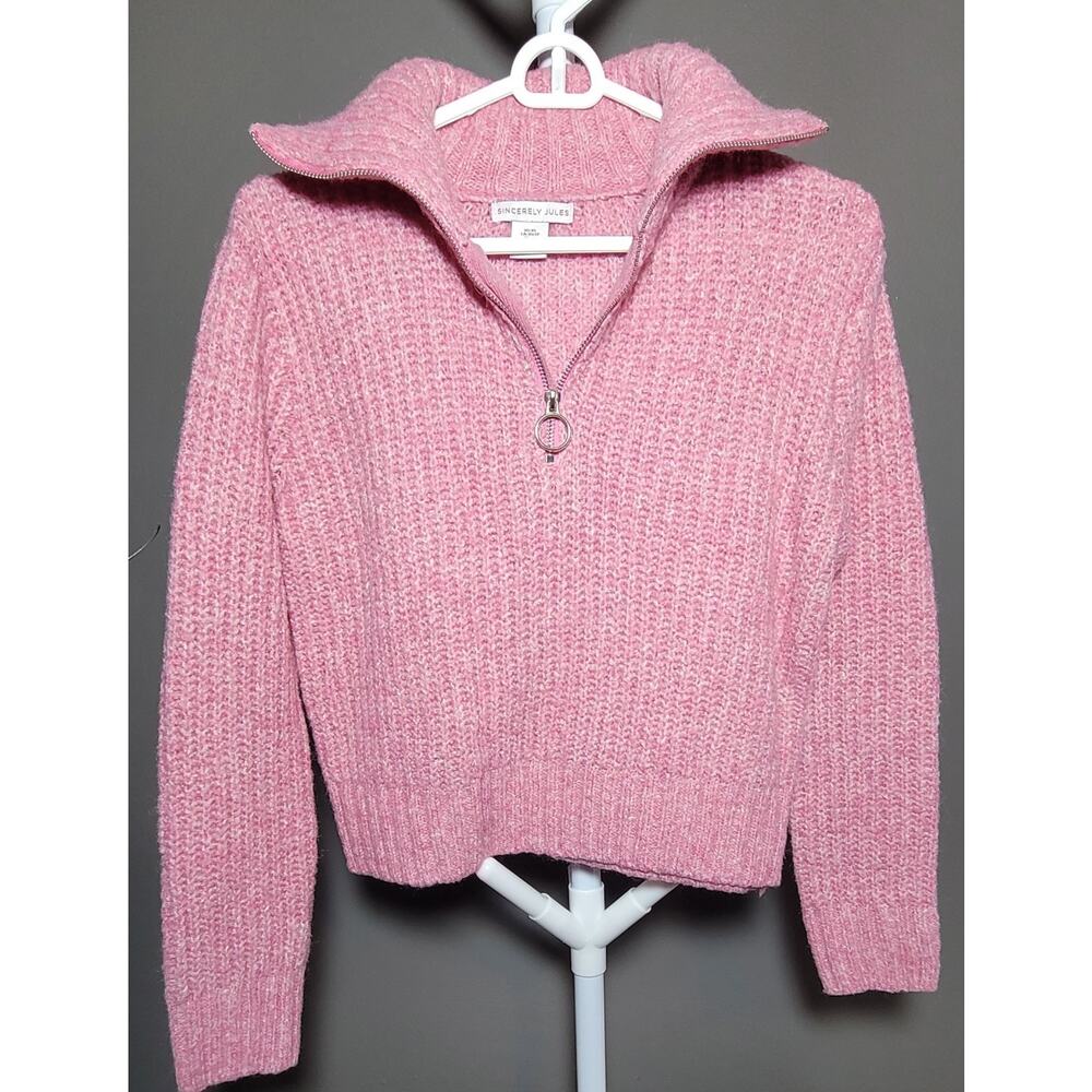 Sincerely Jules Half Zip Rib Knit Sweater Pink W/ Silver O Ring Zipper Sz XS